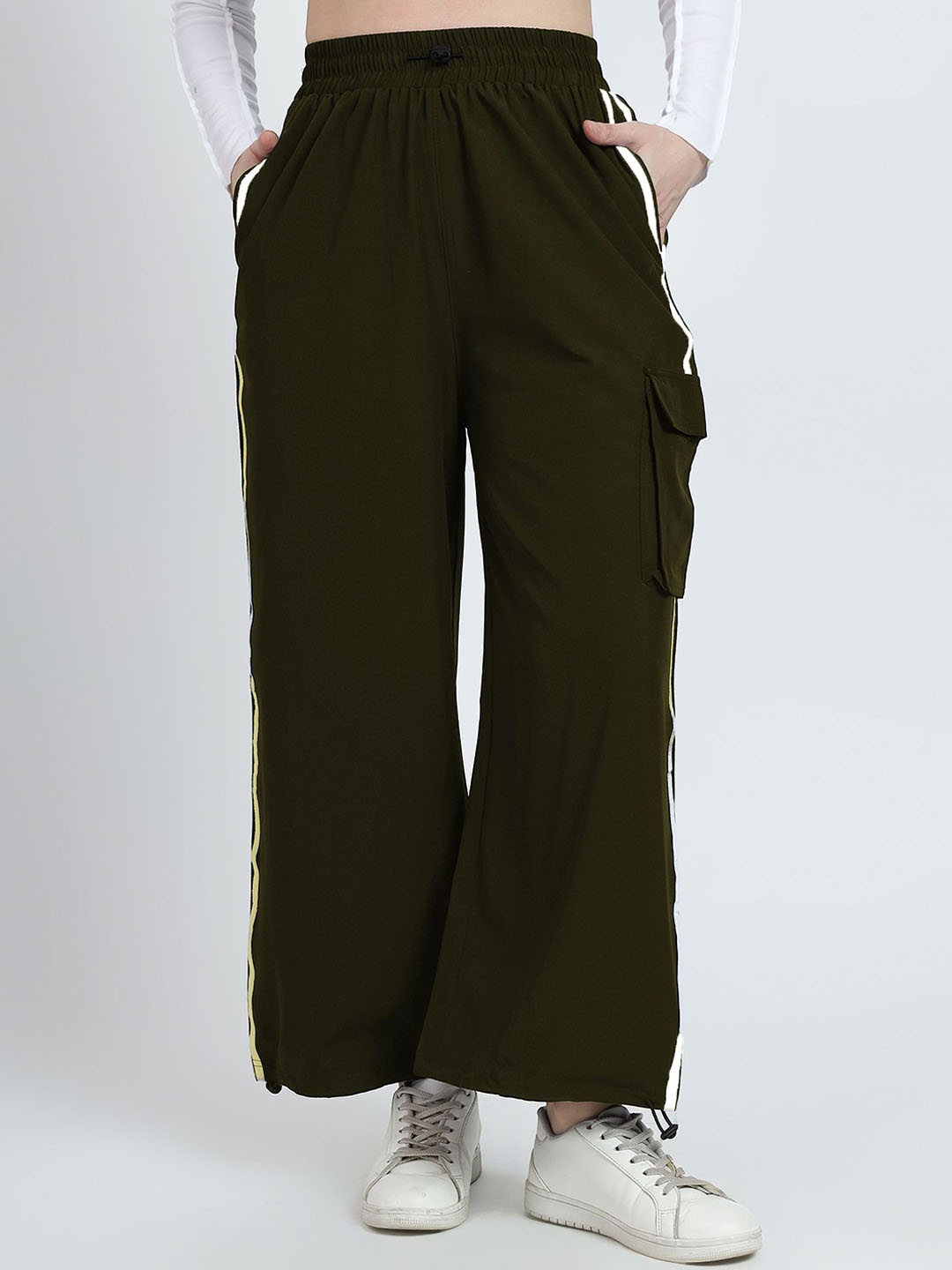 

TABADTOD Women Solid Striped Relaxed Loose Fit Trousers, Green