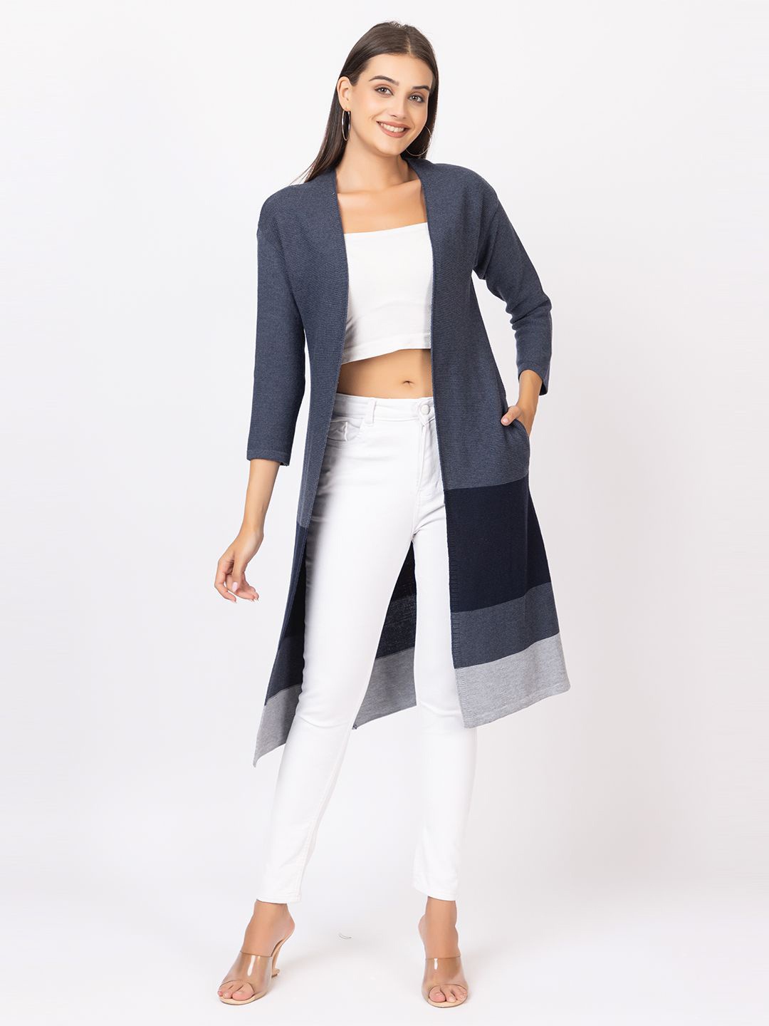 

Anouk Blue Colourblocked V-Neck Winter Open Front Longline Shrug