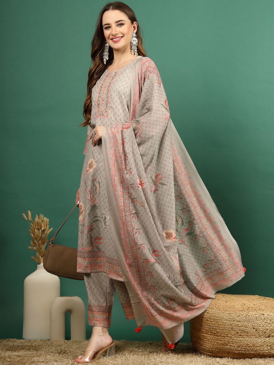 

Ramas Floral Printed Mirror Work Straight Kurta & Palazzos With Dupatta, Beige