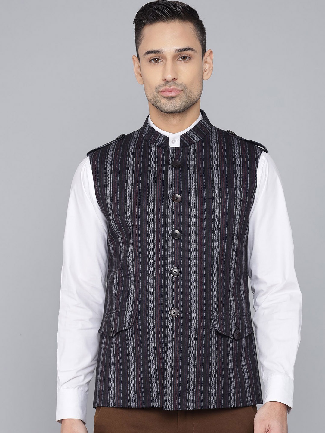

LA'SCOOT Striped Printed Mandarin Collar Nehru Jacket, Black