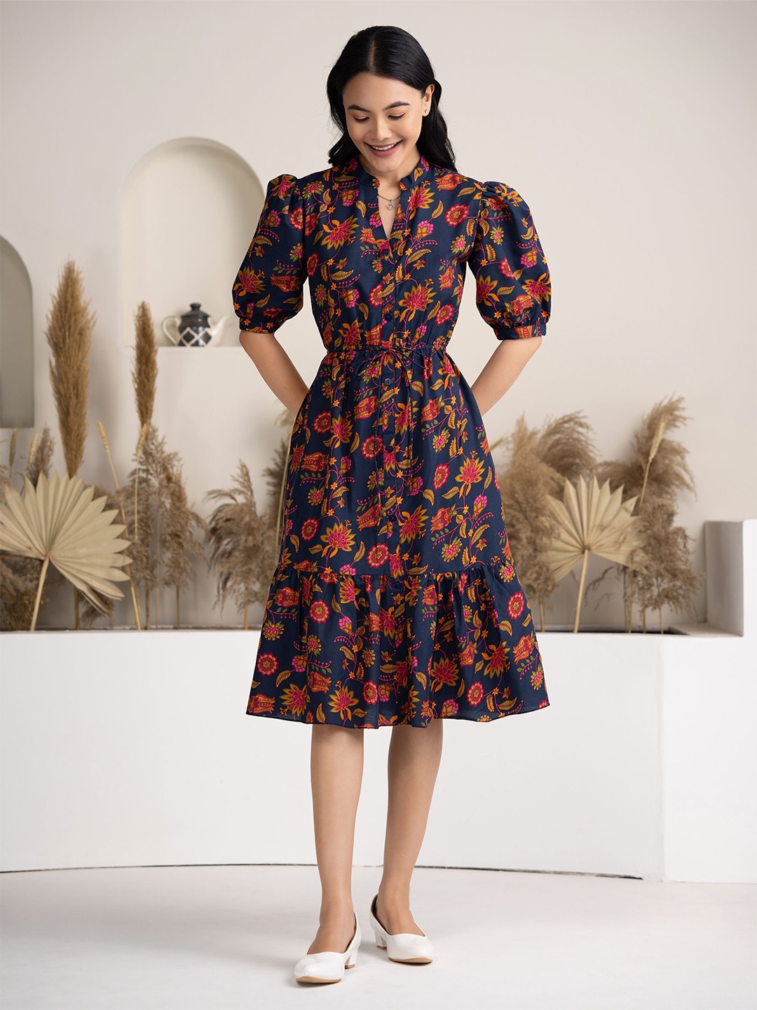

DressBerry Floral Print Puff Sleeve Crepe Fit & Flare Dress, Navy blue