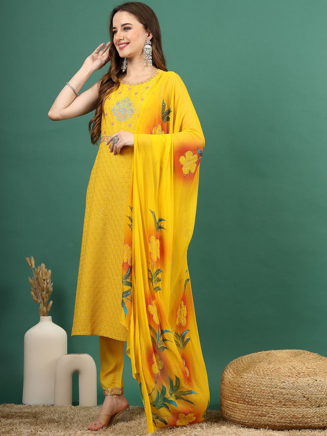 

Ramas Floral Embroidered Sequinned Straight Kurta & Trousers With Dupatta, Yellow