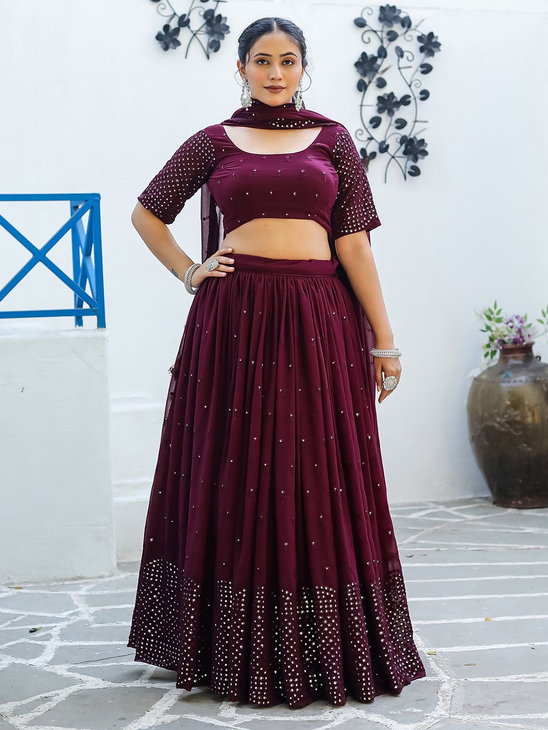 

ODETTE Embellished Mirror Work Ready to Wear Lehenga & Unstitched Blouse With Dupatta, Purple