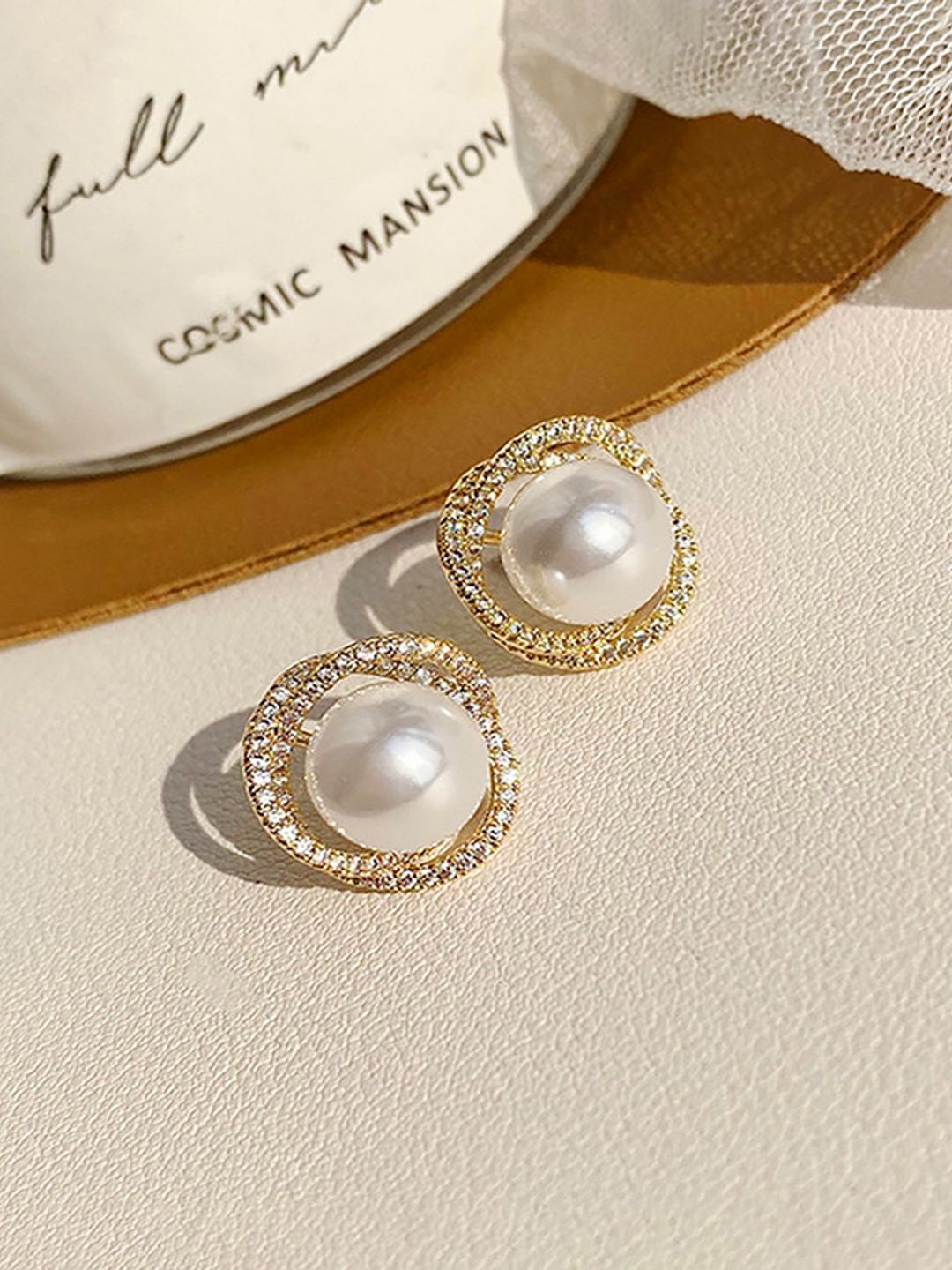 

KRENOZ Stainless Steel Geometric Pearls Studed Antique Studs Earrings, Gold