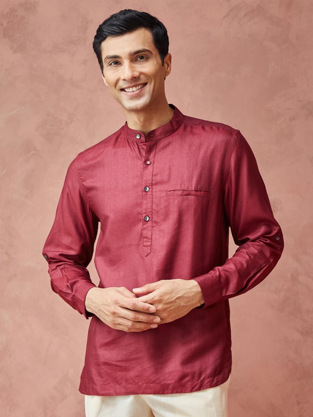

Fabindia Men Band Collar Solid Slim Fit Casual Shirt, Maroon