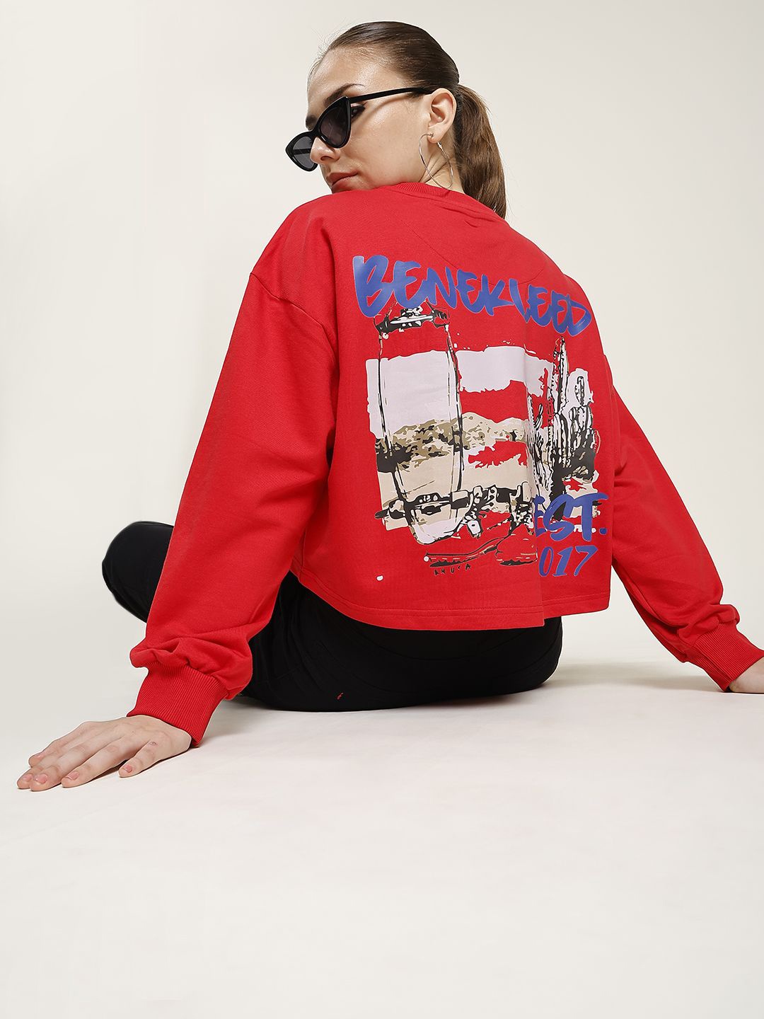 

Bene Kleed Women Graphic Printed Oversized Sweatshirt, Red