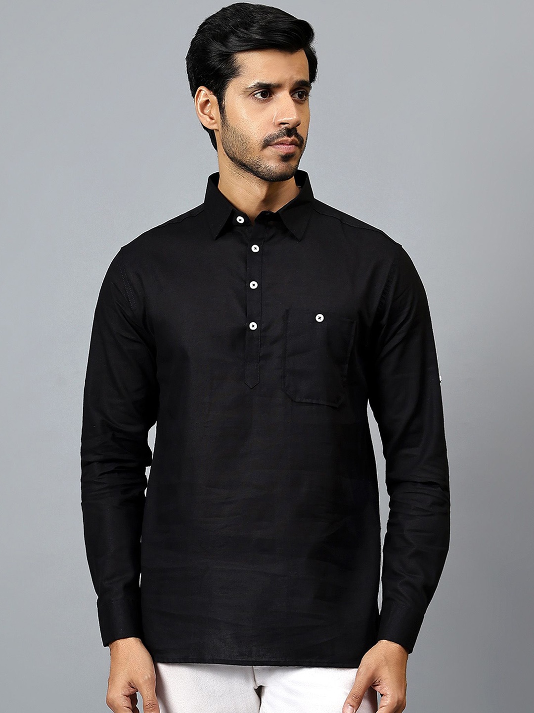

Yugnik Shirt Collar Roll Up Sleeves Cotton Straight Short Kurta, Black