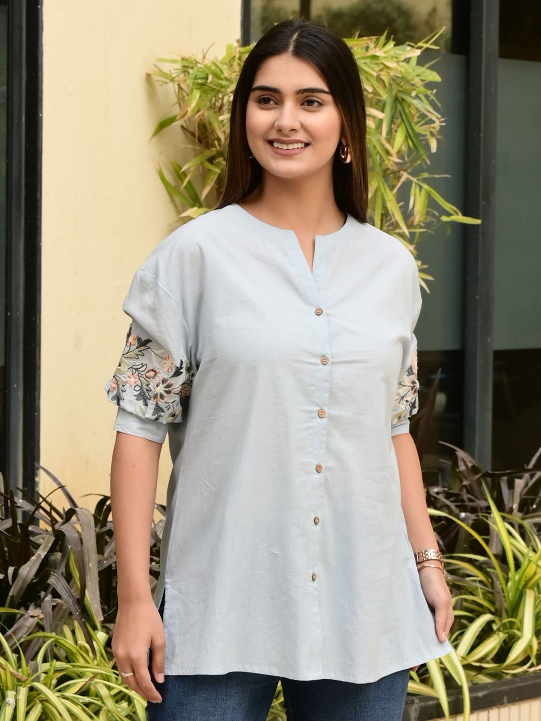 

FUBAR Mandarin Collar Top, Grey