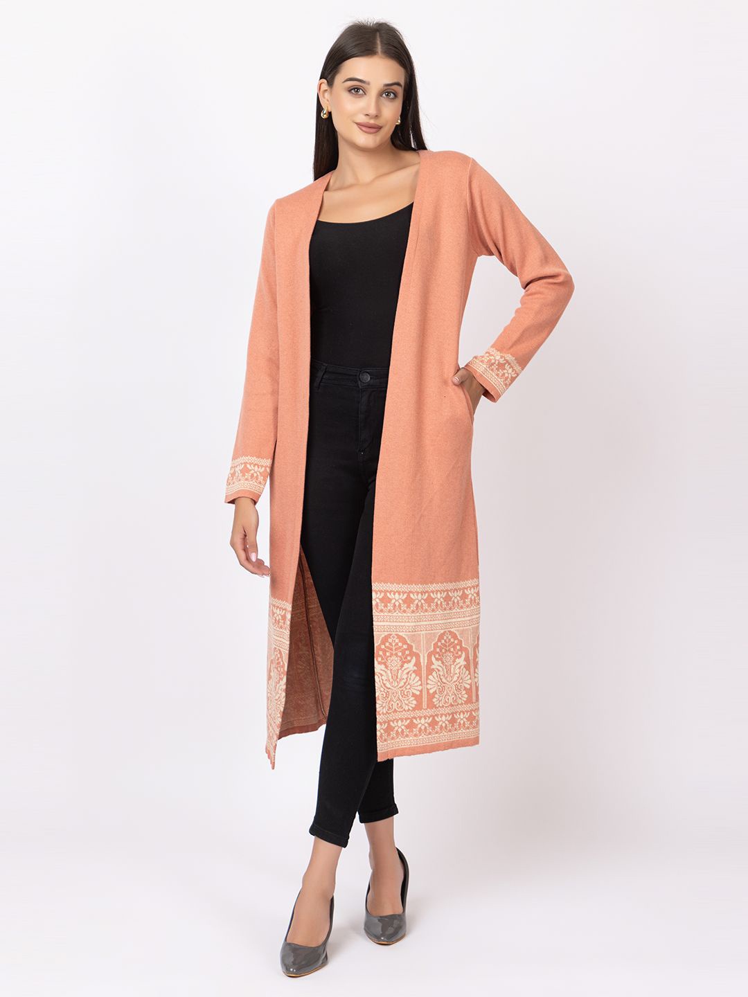 

Anouk Peach-Coloured Ethnic Motifs Printed V-Neck Winter Open Front Longline Shrug