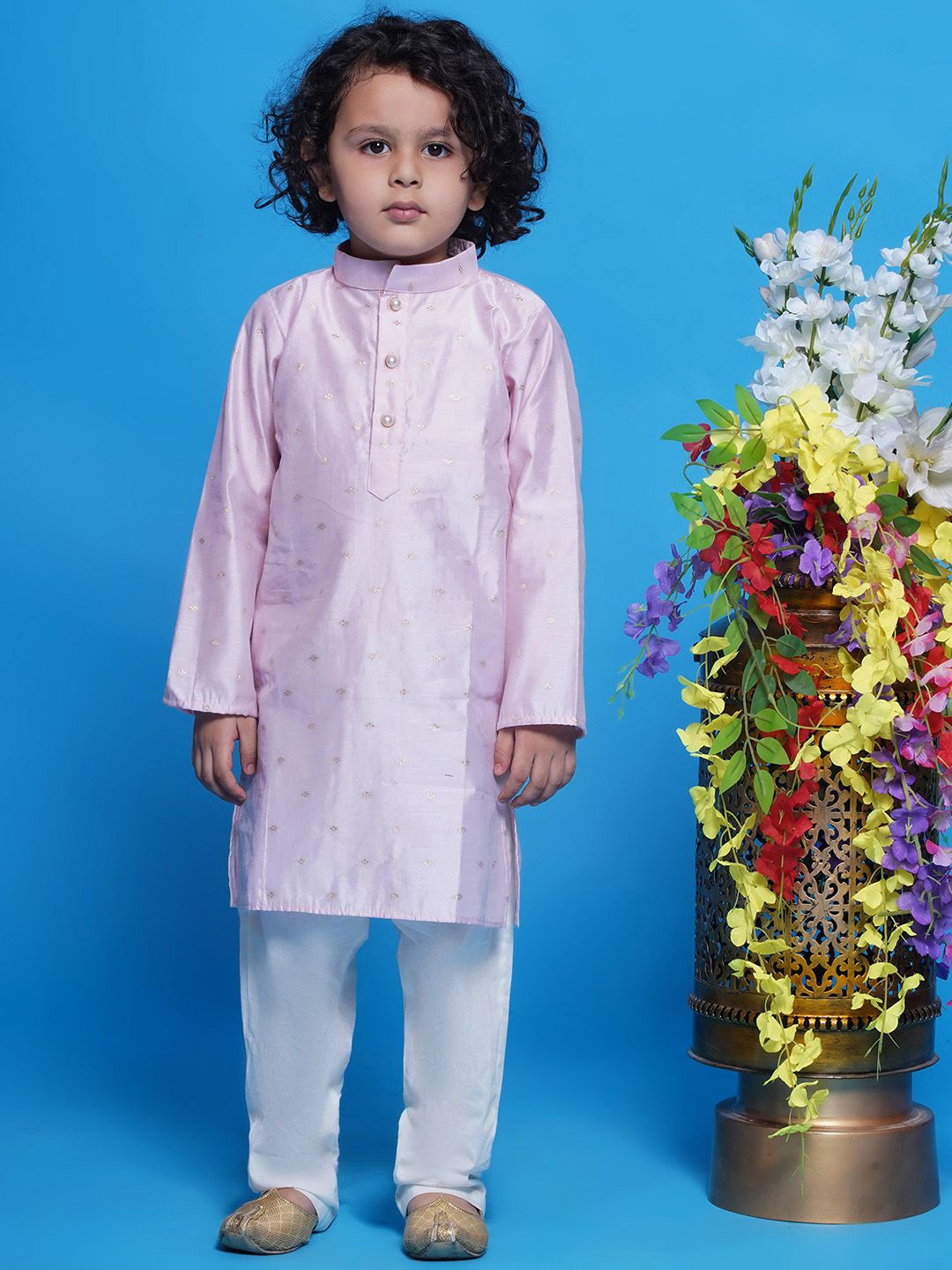 

Little Bansi Boys Geometric Woven Design Pure Cotton Straight Kurta With Pyjamas, Pink