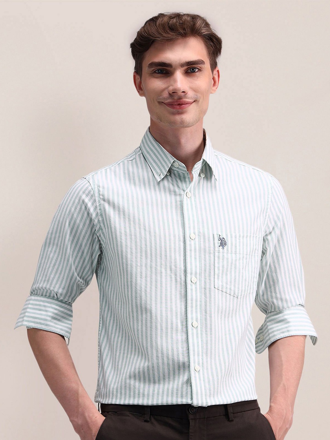 

U.S. Polo Assn. Men Classic Button-Down Collar Striped Cotton Casual Shirt, Green