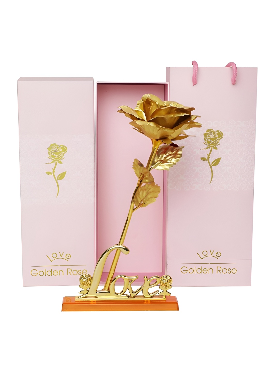 

INTERNATIONAL GIFT Pink & Gold Toned 3 Pieces Rose With Love Stand Gift Set
