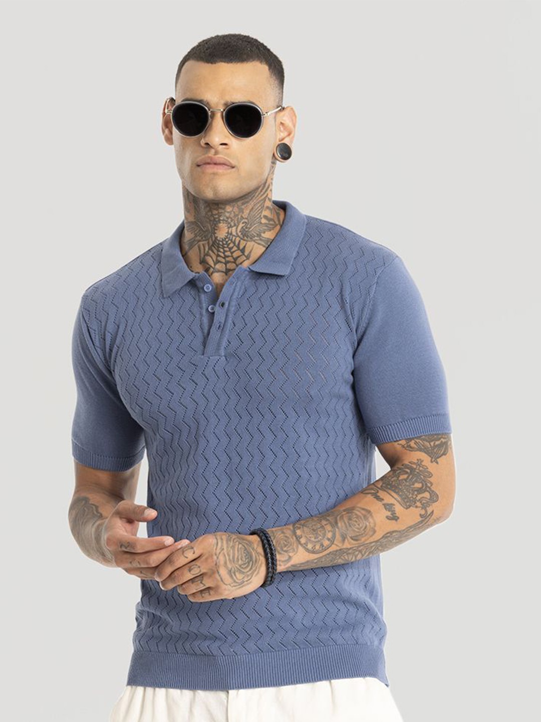 

Snitch Men Self Design Polo Collar Cotton Slim Fit T-Shirt, Blue