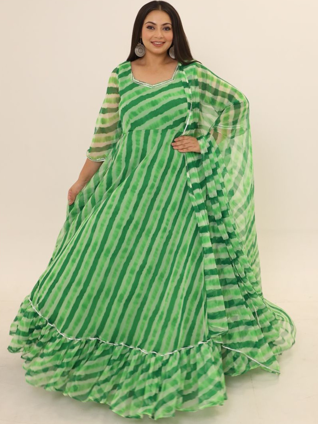 

Swadeshi Shringaar Leheriya Printed Maxi Ethnic Dress With Dupatta, Green