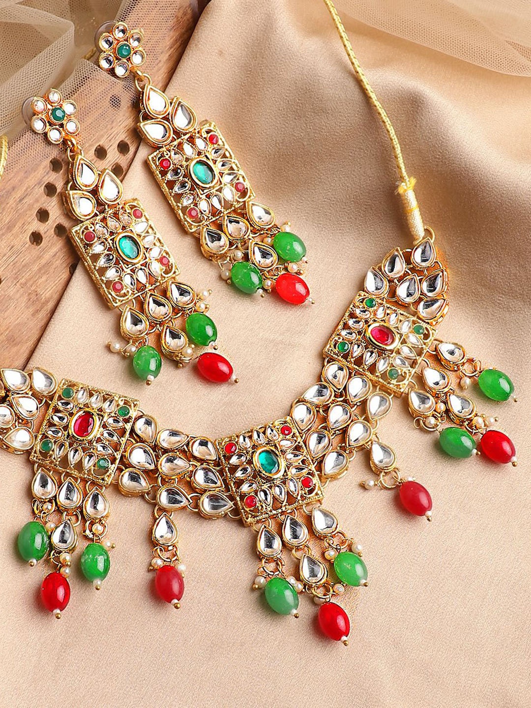 

Rubans 22K Gold-Plated Multicolor Kundan Choker Set with Red, Green, and White Beads