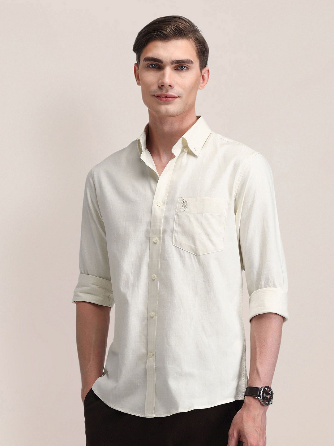 

U.S. Polo Assn. Men Classic Button-Down Collar Solid Cotton Casual Shirt, Beige