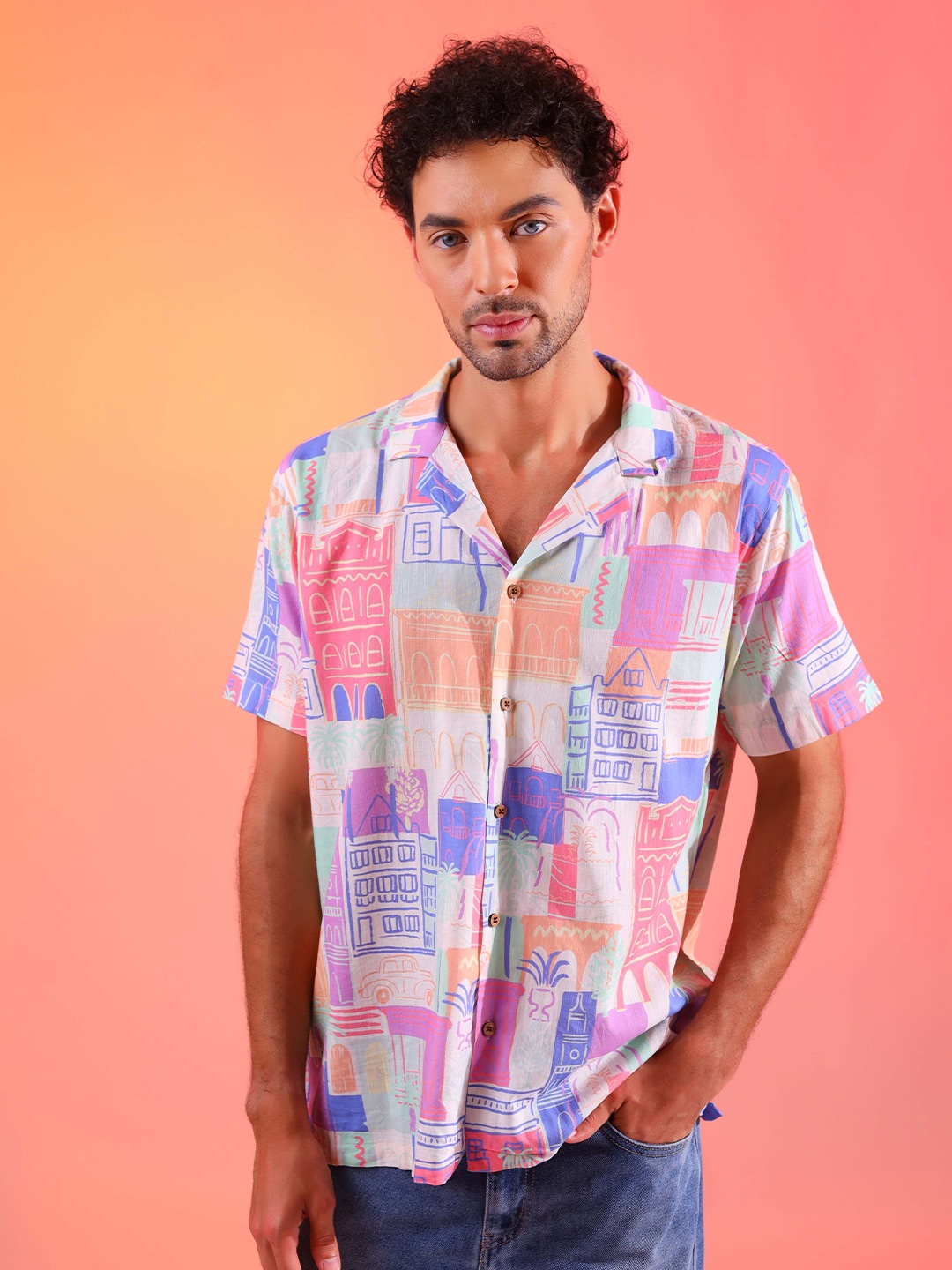 

DALCHINII Men Relaxed Cuban Collar Abstract Printed Cotton Casual Shirt, Pink