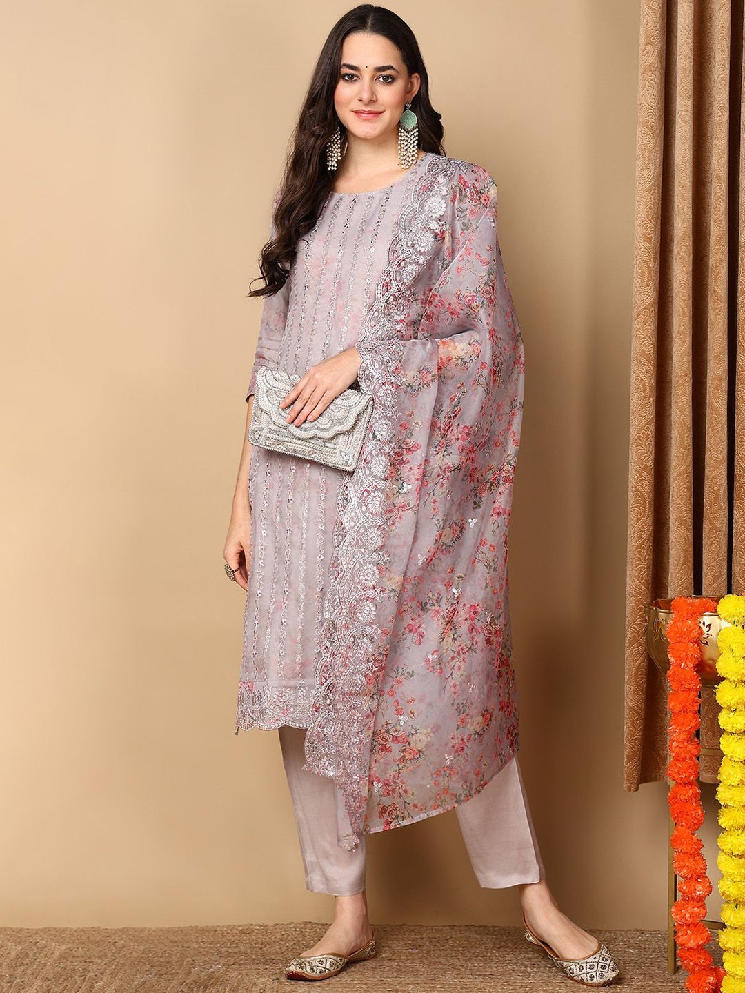 

KALINI Floral Embroidered Sequinned Kurta with Trousers & Dupatta, Grey