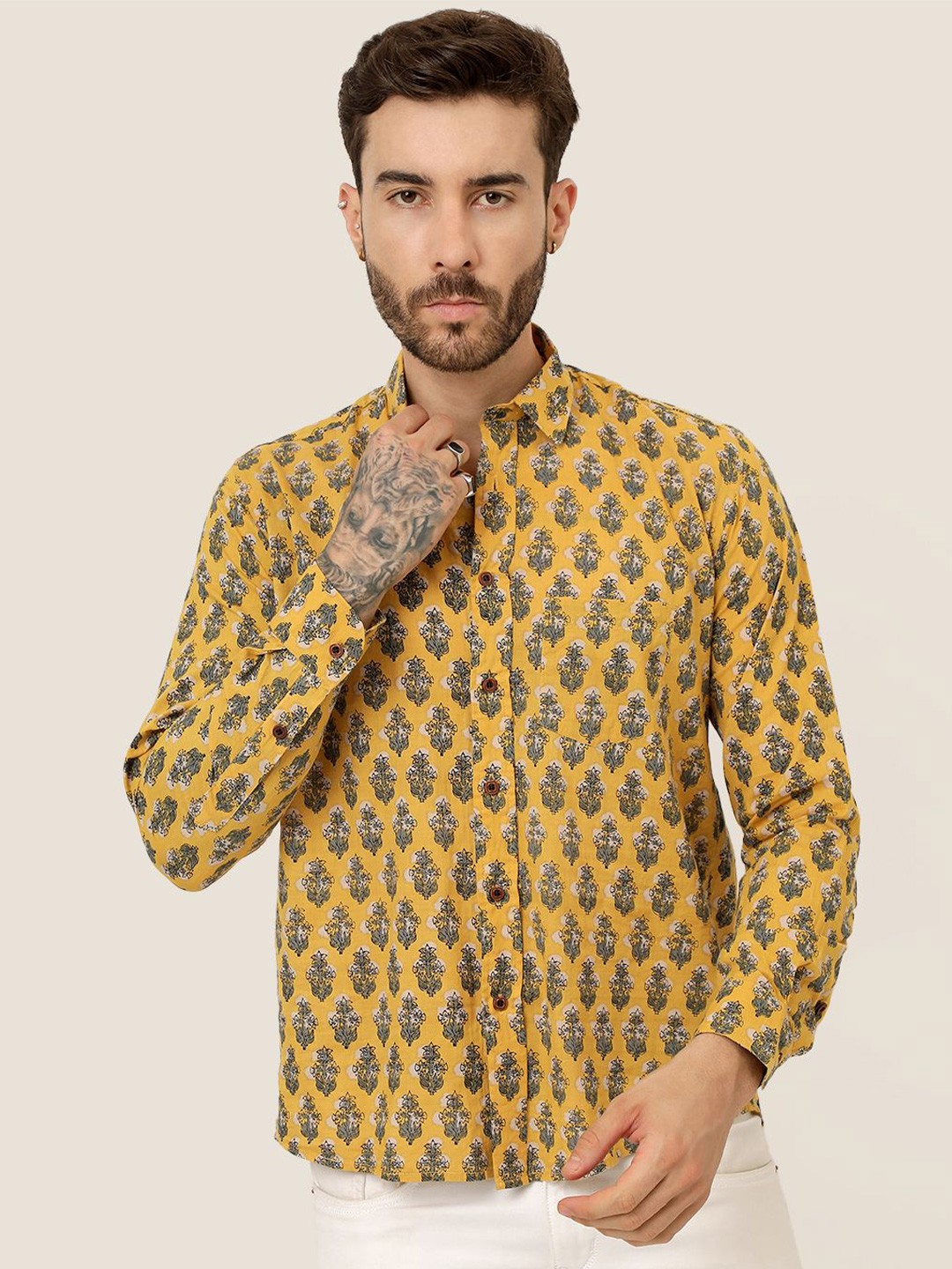 

SPS Men Relaxed Spread Collar Conversational Printed Cotton Casual Shirt, Yellow