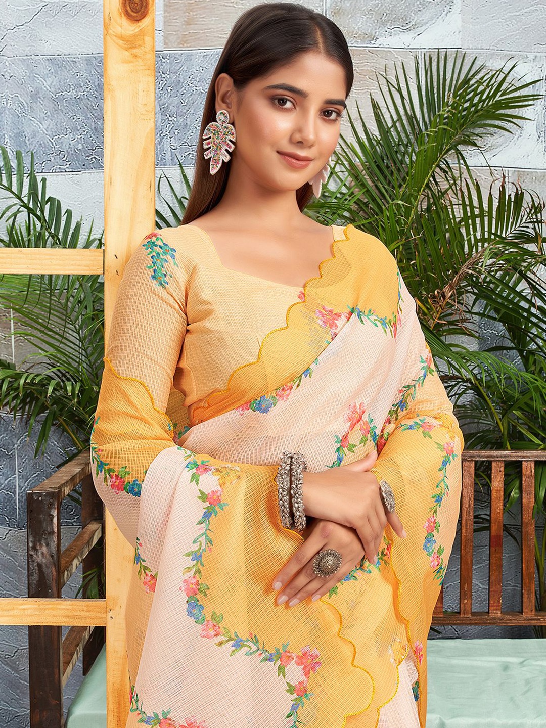 

all about you Women Floral Printed Ready to Wear Dabu Saree, Yellow
