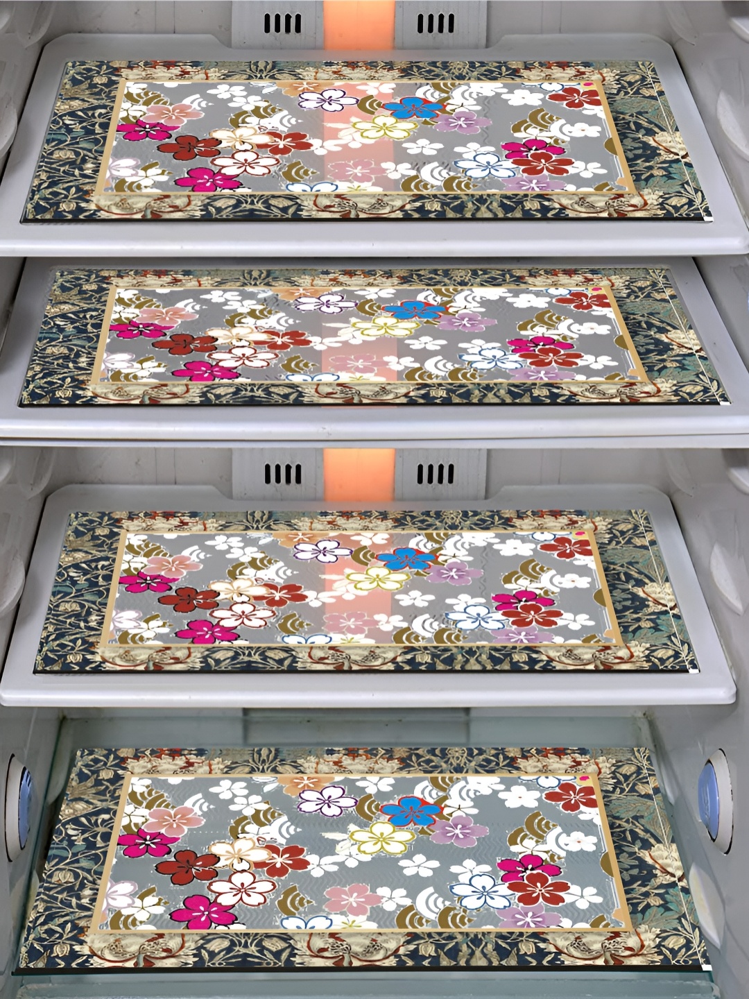 

LooMantha Brown & Blue 4 Pieces Floral Printed Waterproof Fridge Mat