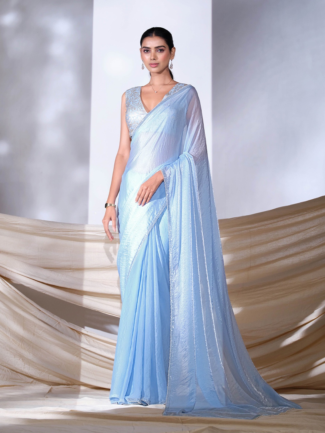 

TANNAH Beads and Stones Satin Saree, Blue