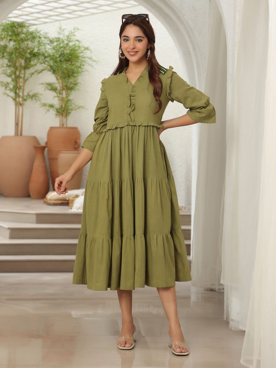 

Rain & Rainbow Tiered Fit & Flare Midi Dress, Green