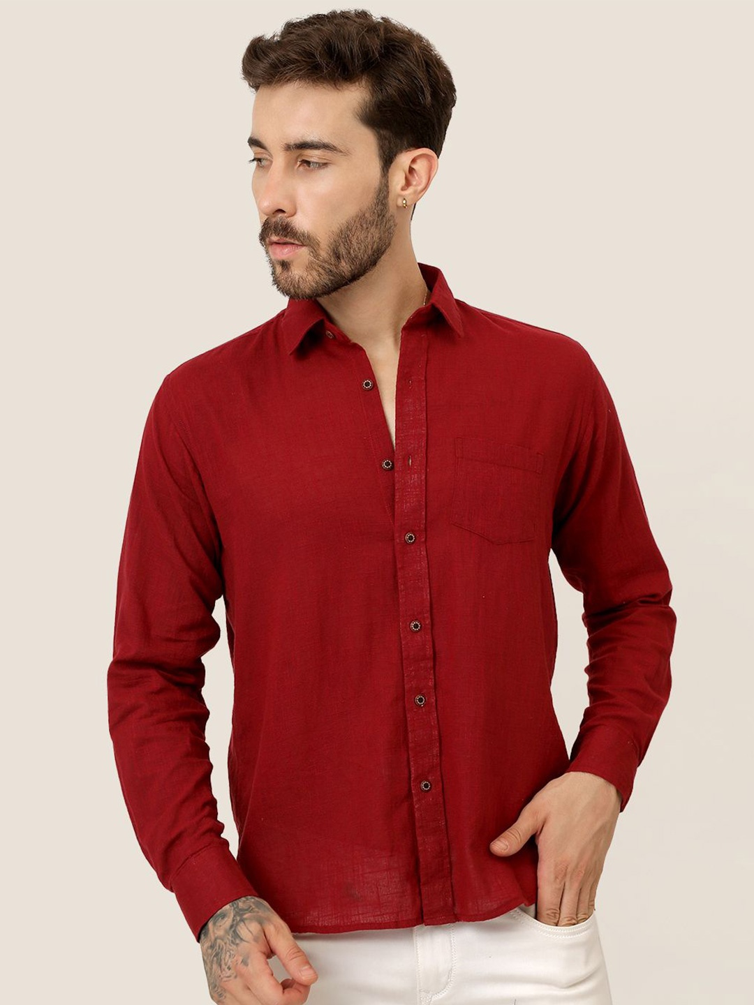 

SPS Men Relaxed Spread Collar Solid Cotton Casual Shirt, Red