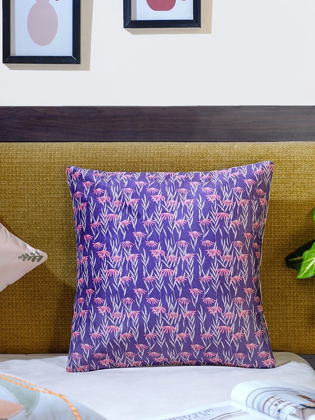 

Mid July Home Purple & Pink Floral Printed Velvet Square Cushion Cover