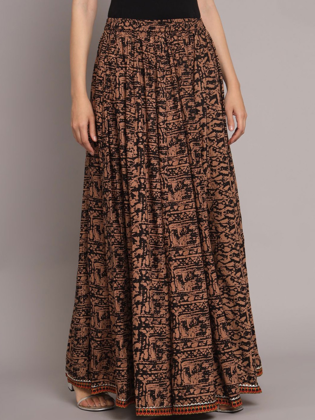 

NYPA Women Abstract Printed Flared Maxi Skirts, Brown