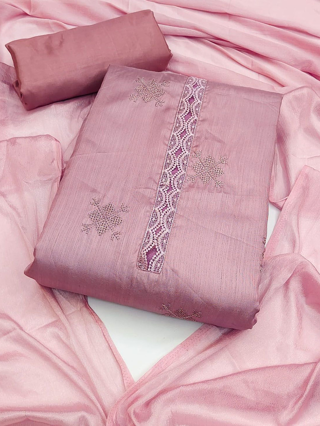 

LADY SHOPI Geometric Embroidered Unstitched Dress Material, Pink