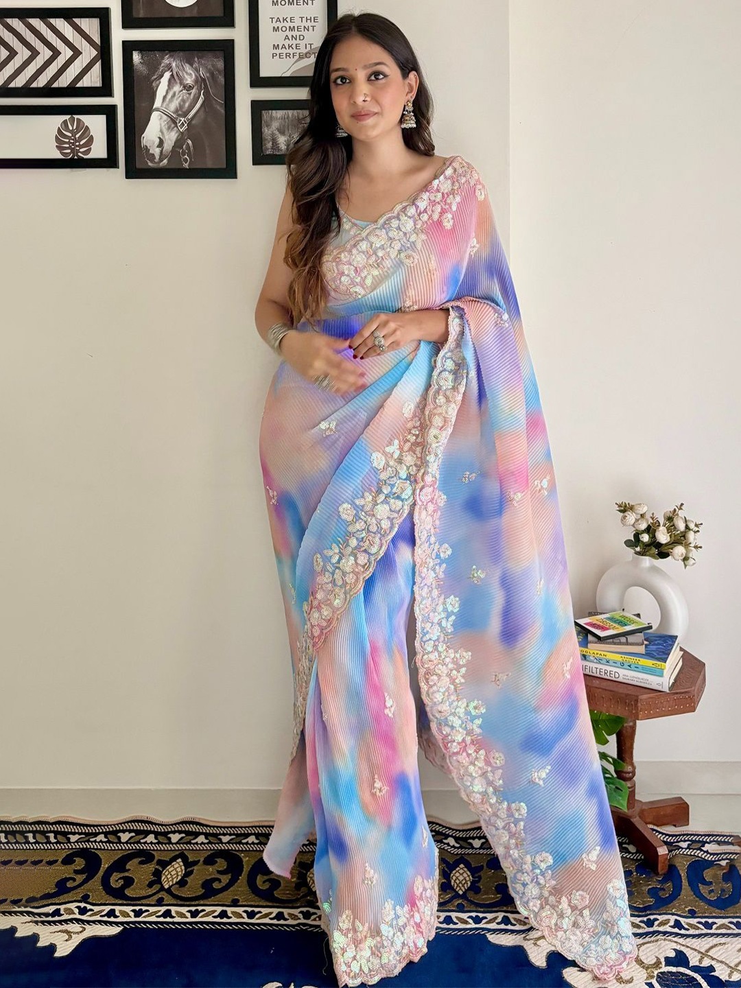 

SGF11 Floral Embroidered Pure Georgette Saree, Blue