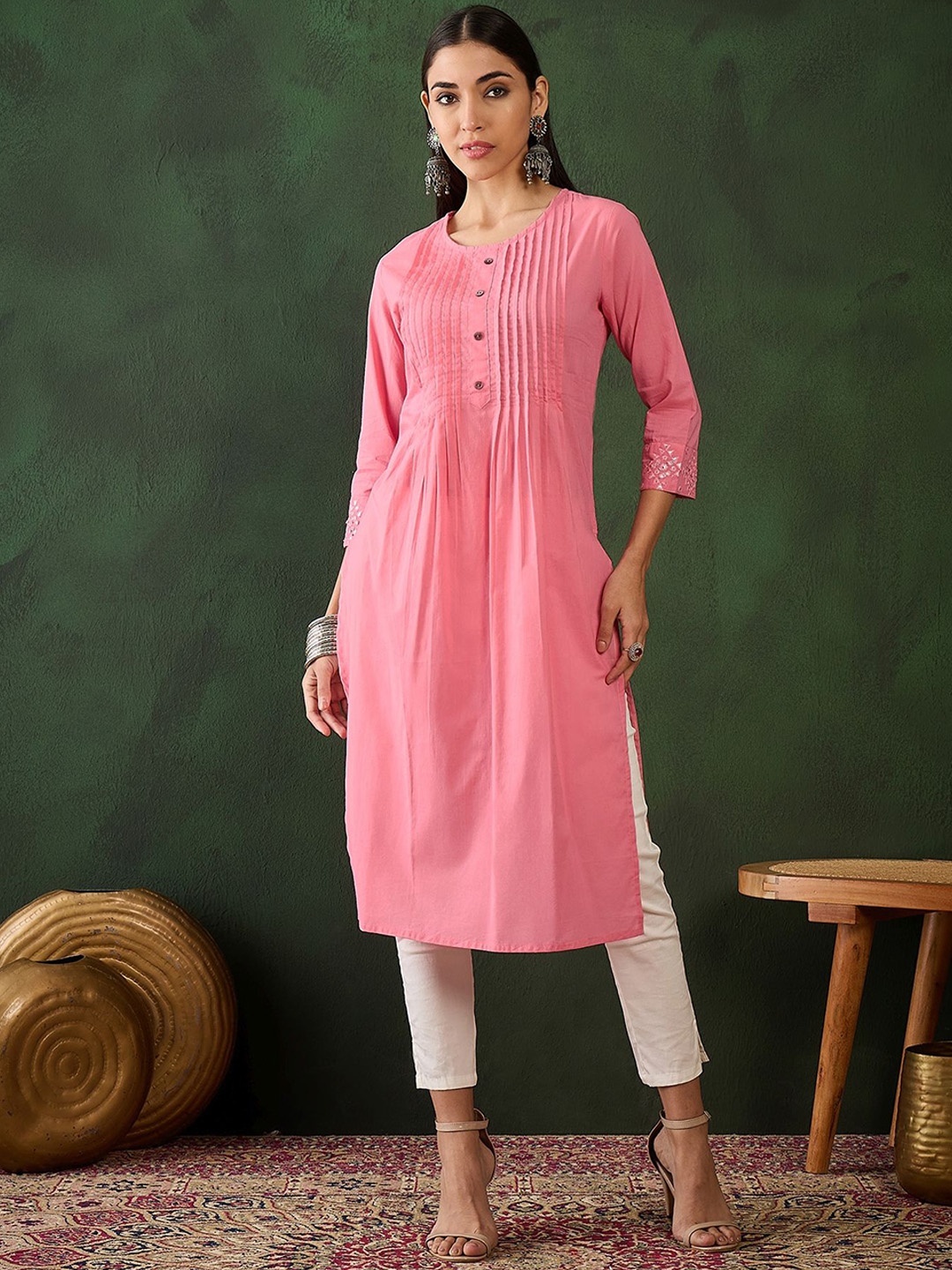 

Sangria Mirror Work Pleated Pure Cotton Straight Kurta, Pink