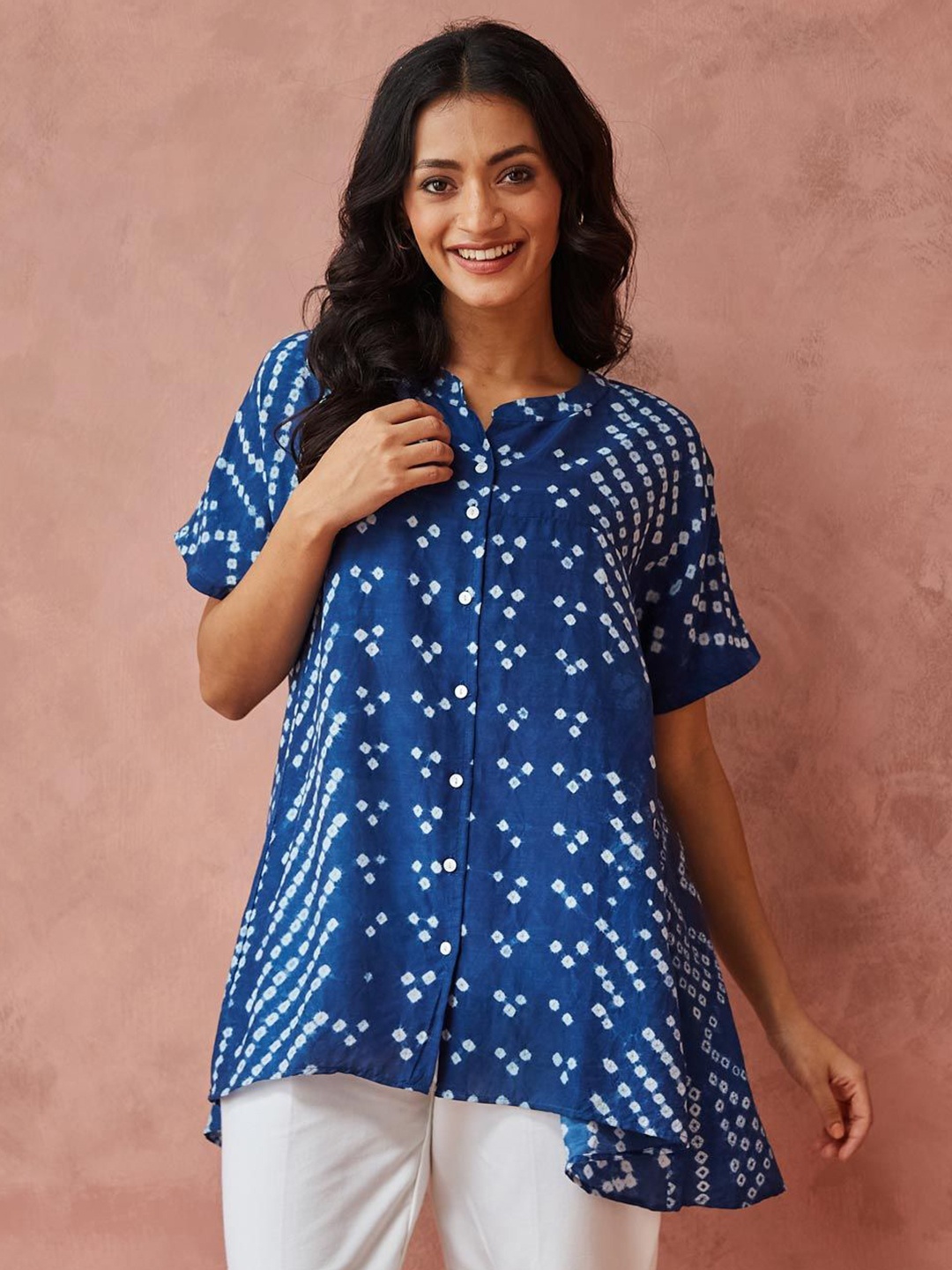 

Fabindia Print Mandarin Collar Top, Blue