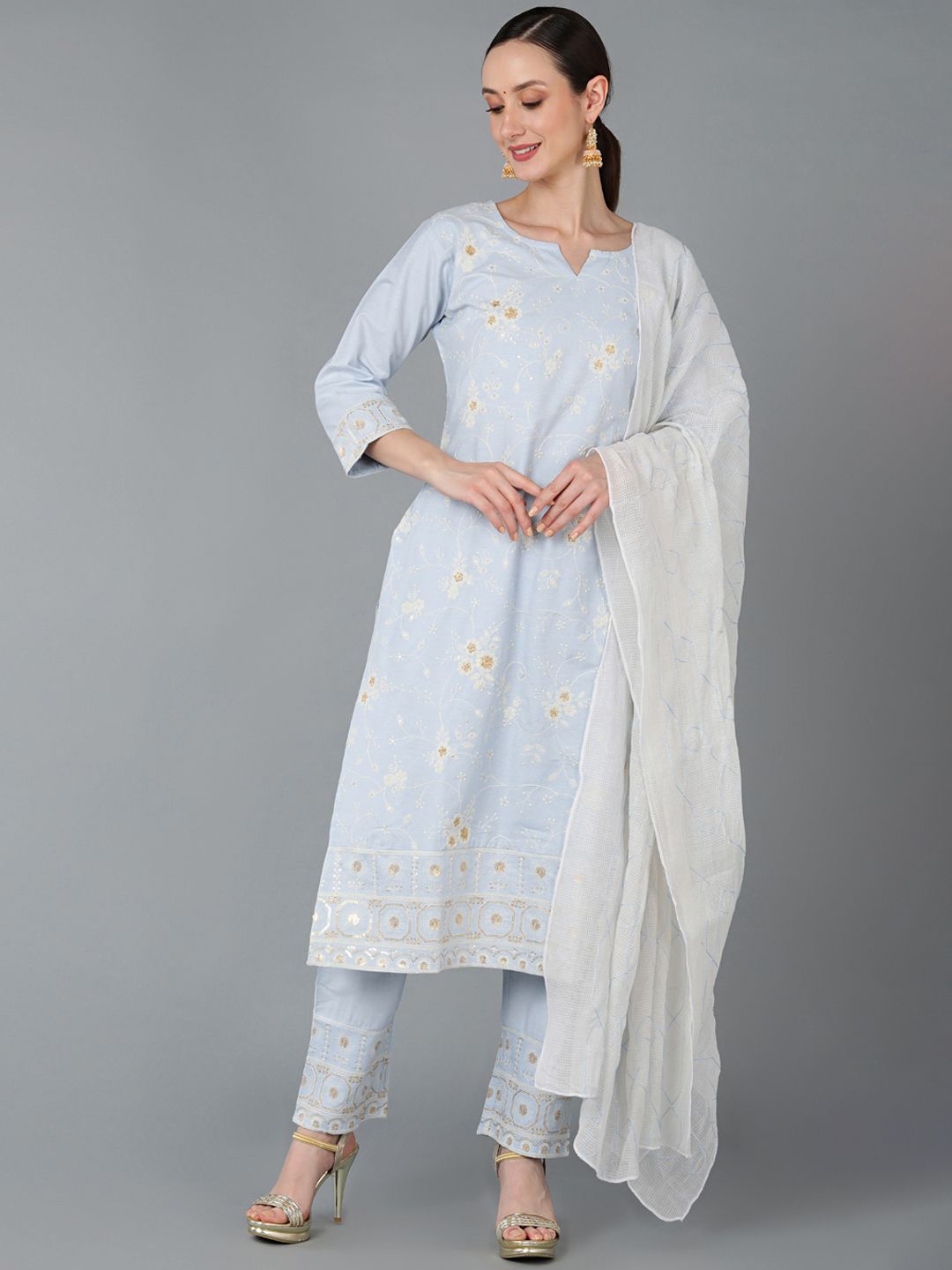 

KALINI Floral Embroidered Sequinned Pure Cotton Straight Kurta With Trousers & Dupatta, Blue