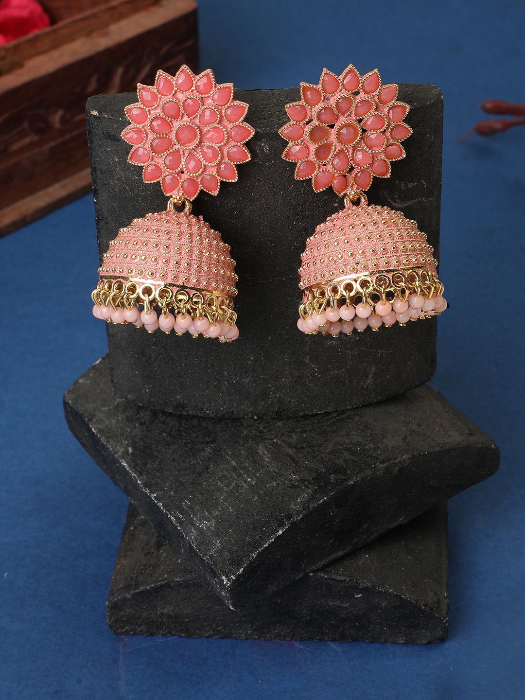 

MODE MANIA Gold-Plated Cubic Zirconia Studded & Beaded Dome Shaped Jhumkas