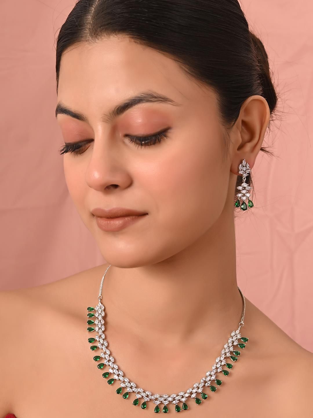 

RATNAVALI JEWELS Silver Plated Cubic Zirconia Studded Jewellery Set