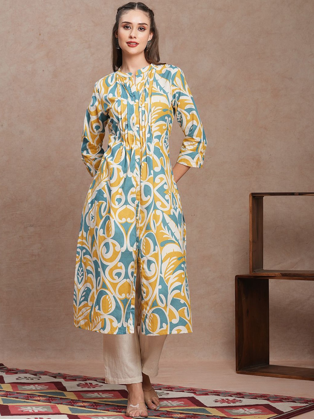 

FASHOR Floral Printed A-Line Pleated Pure Cotton Kurta with Trousers, Beige