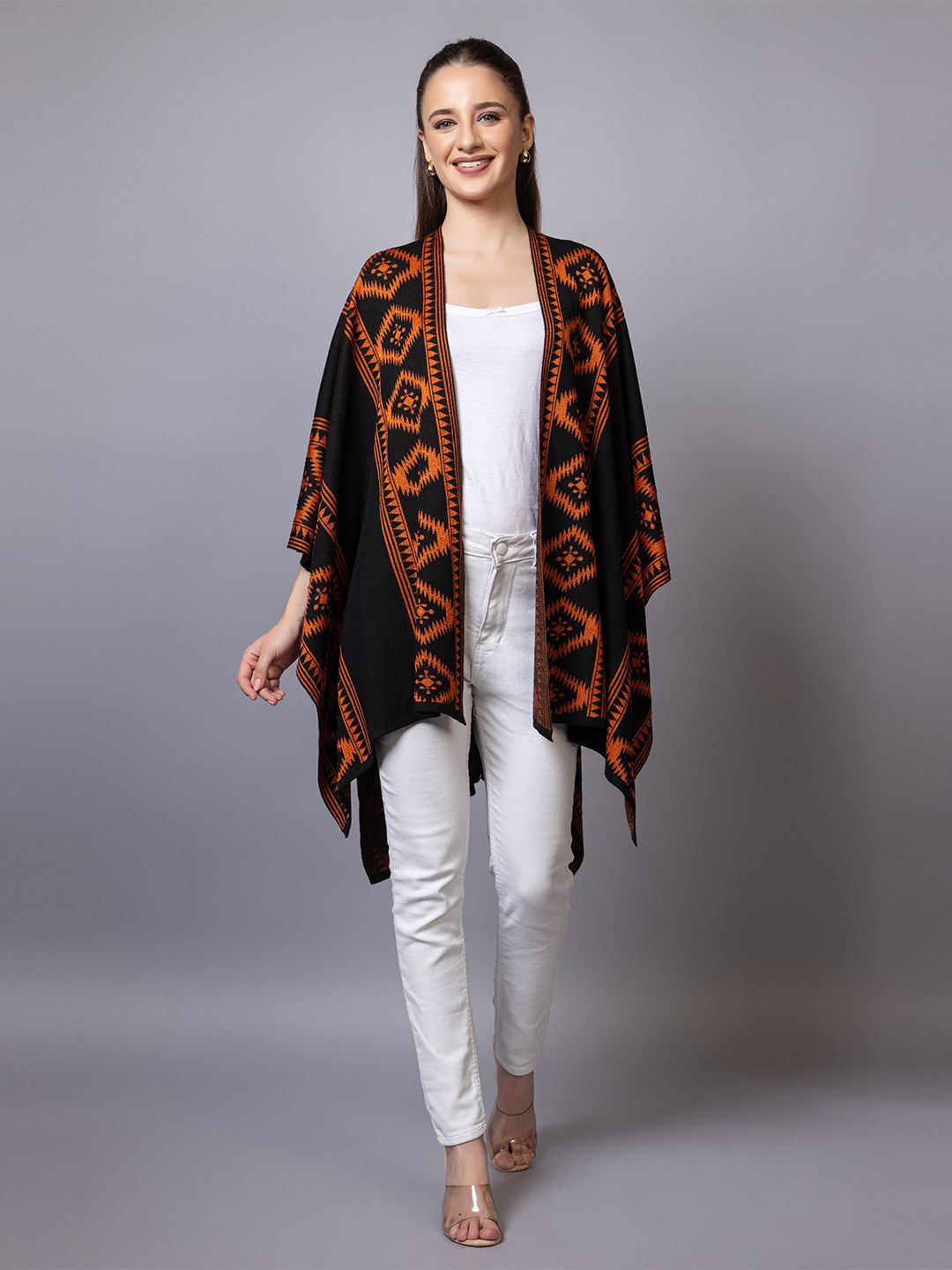 

Anouk Black Ethnic Motifs Printed V-Neck Winter Open Front Shrug