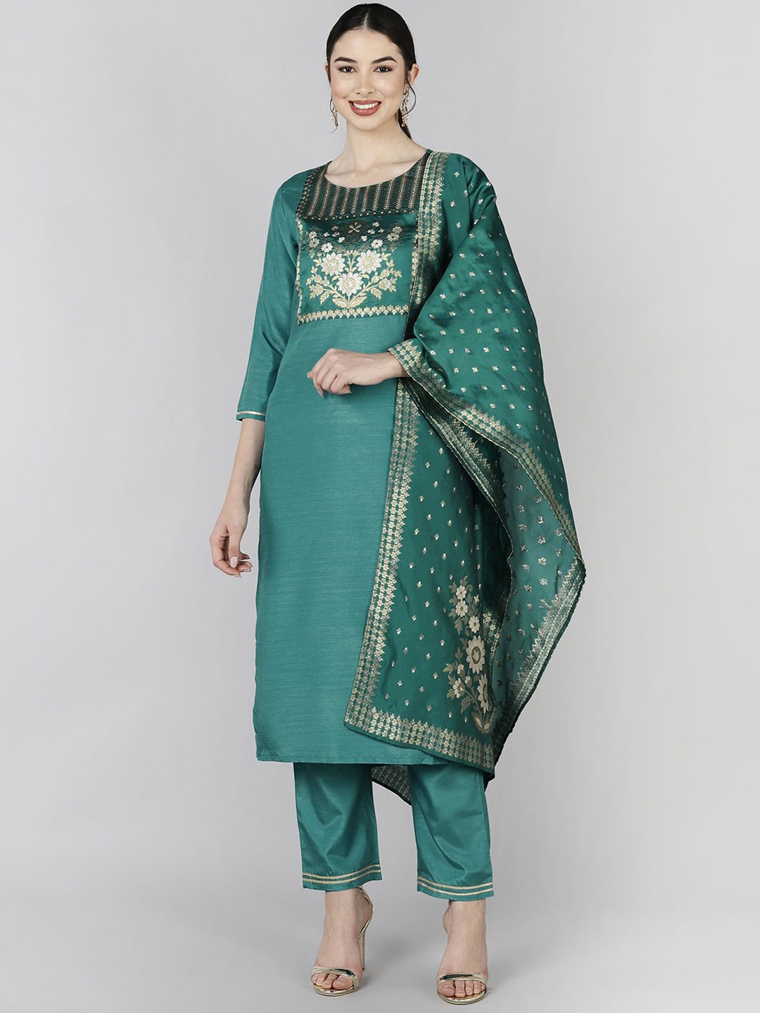 

Anouk Floral Woven Design Regular Zari Straight Kurta with Trousers & Dupatta, Teal