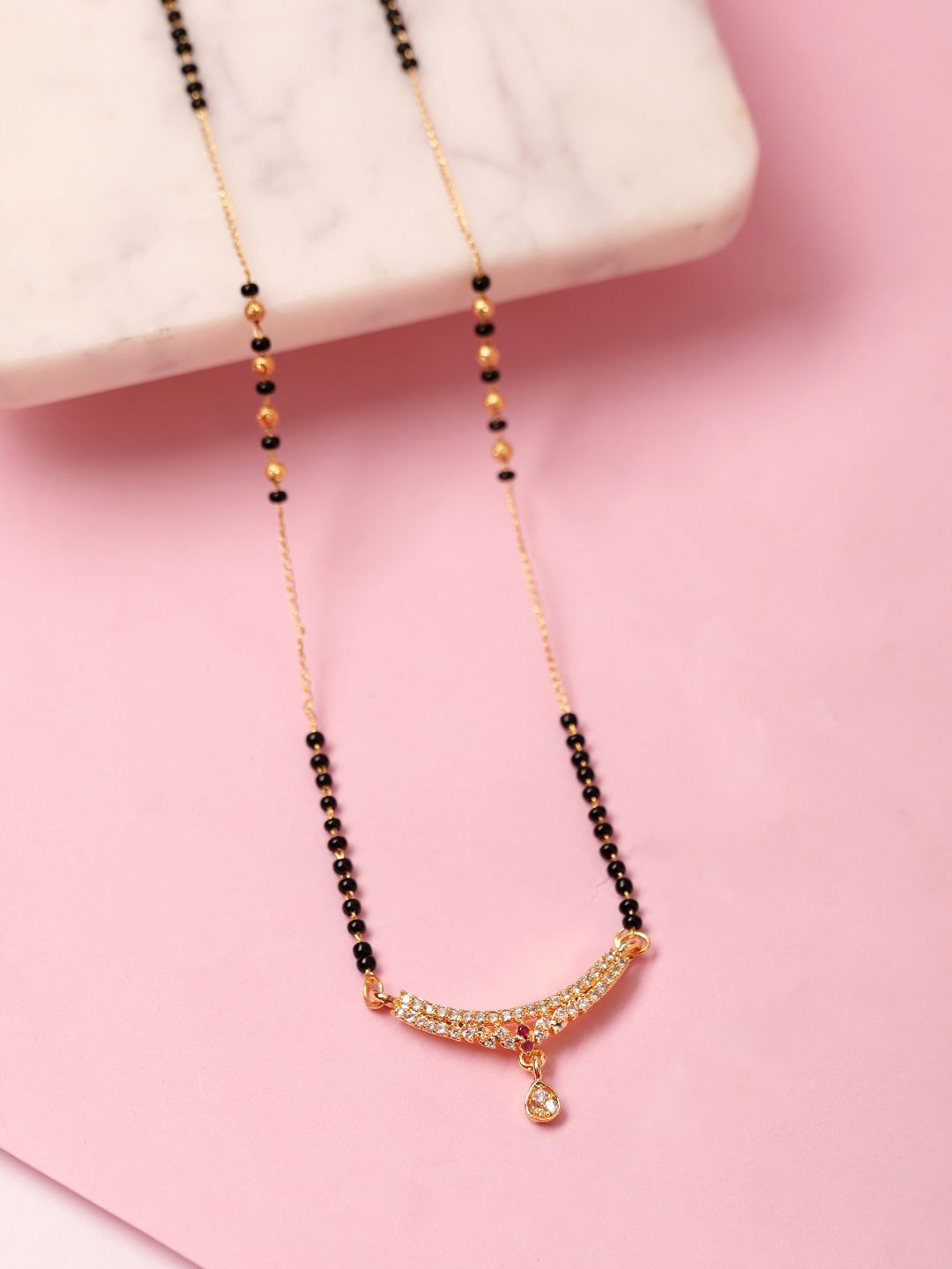 

Rubans 18K Gold-Plated AD Stone Studded Mangalsutra with Black Beads