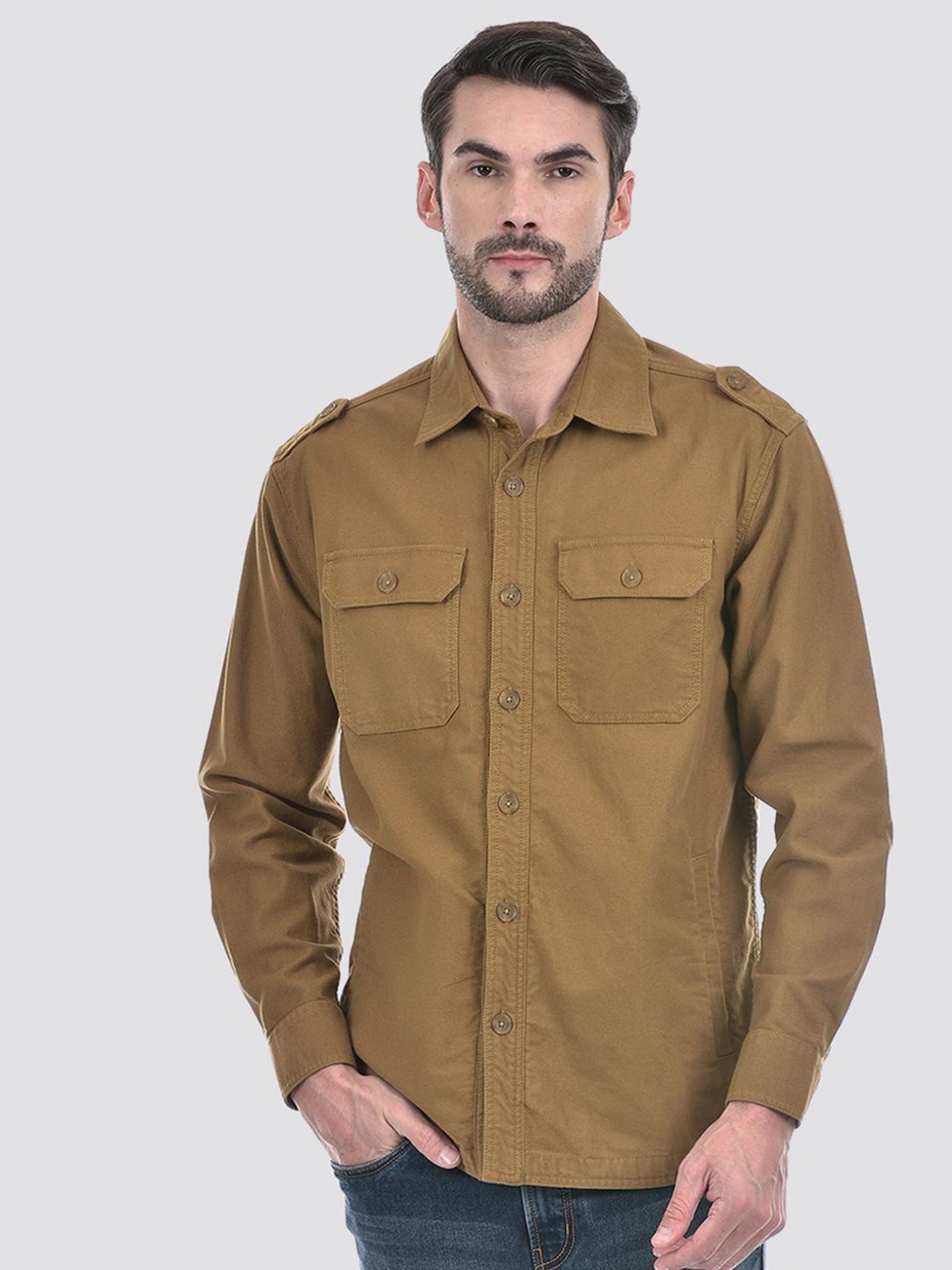 

Numero Uno Men Spread Collar Solid Cotton Casual Shirt, Brown