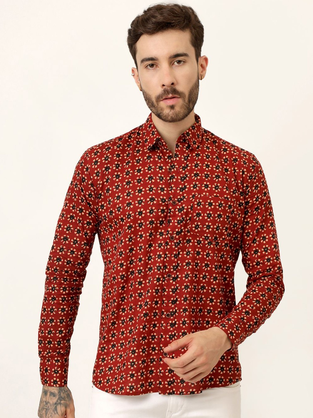 

SPS Men Relaxed Spread Collar Conversational Printed Cotton Casual Shirt, Orange