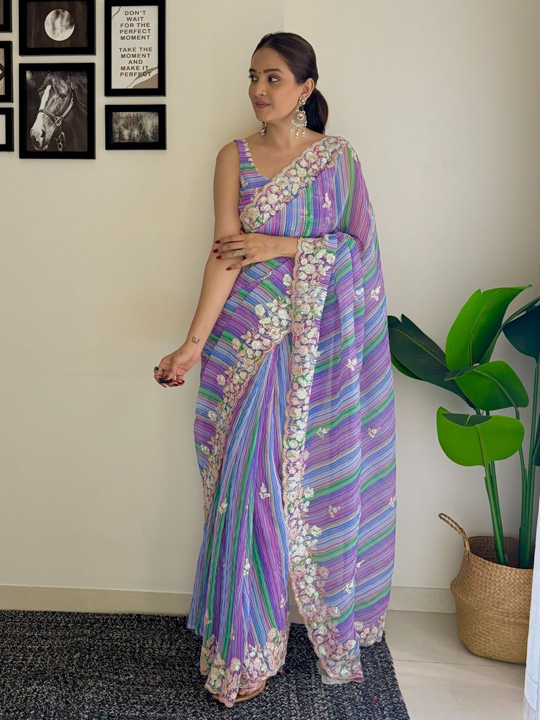 

SGF11 Striped Embroidered Pure Georgette Saree, Lavender