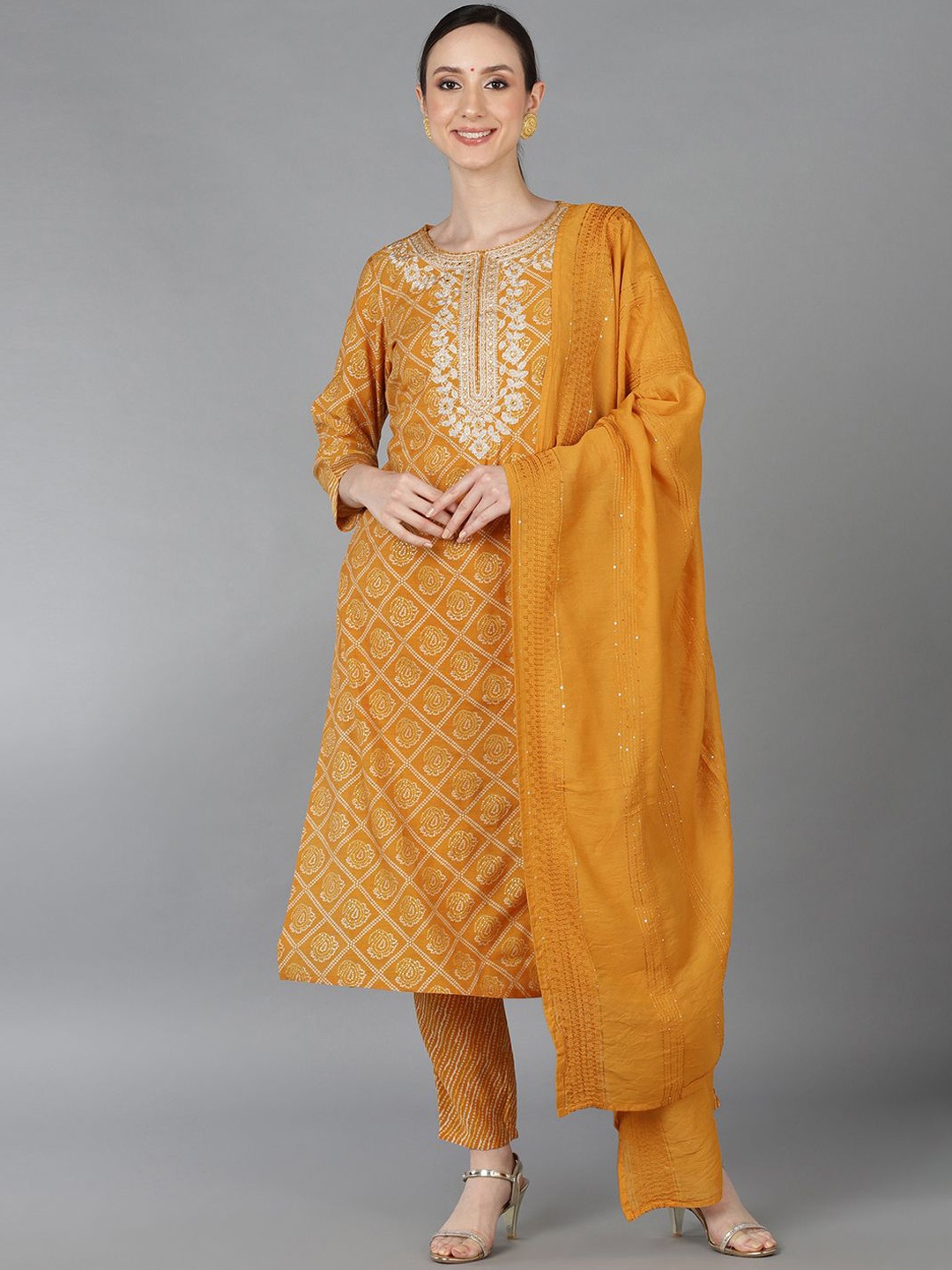 

KALINI Bandhani Printed Thread Work Kurta with Trousers & Dupatta, Mustard
