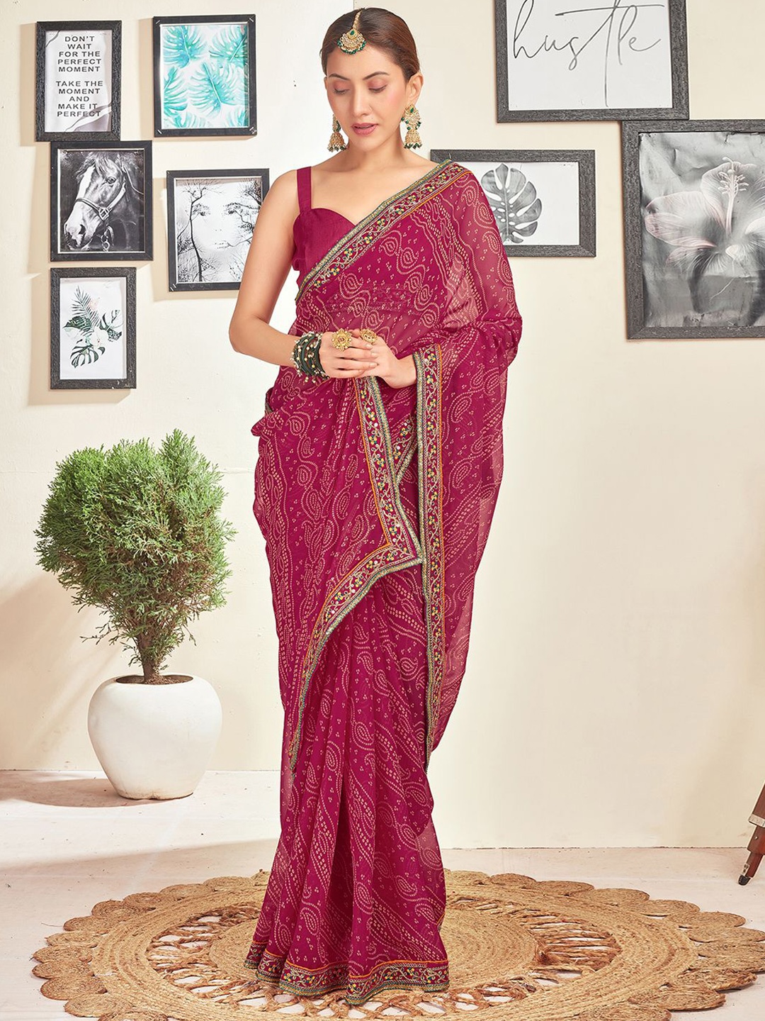 

all about you Bandhani Sequinned Pure Georgette Bandhani Saree, Pink