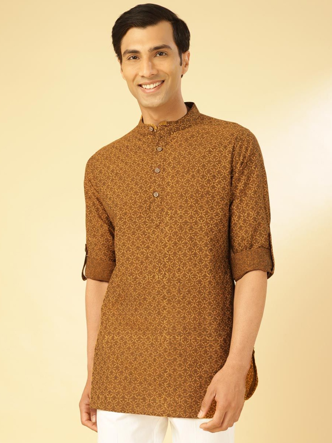 

Fabindia Ethnic Motifs Printed Mandarin Collar Roll-Up Sleeves Cotton Straight Short Kurta, Mustard
