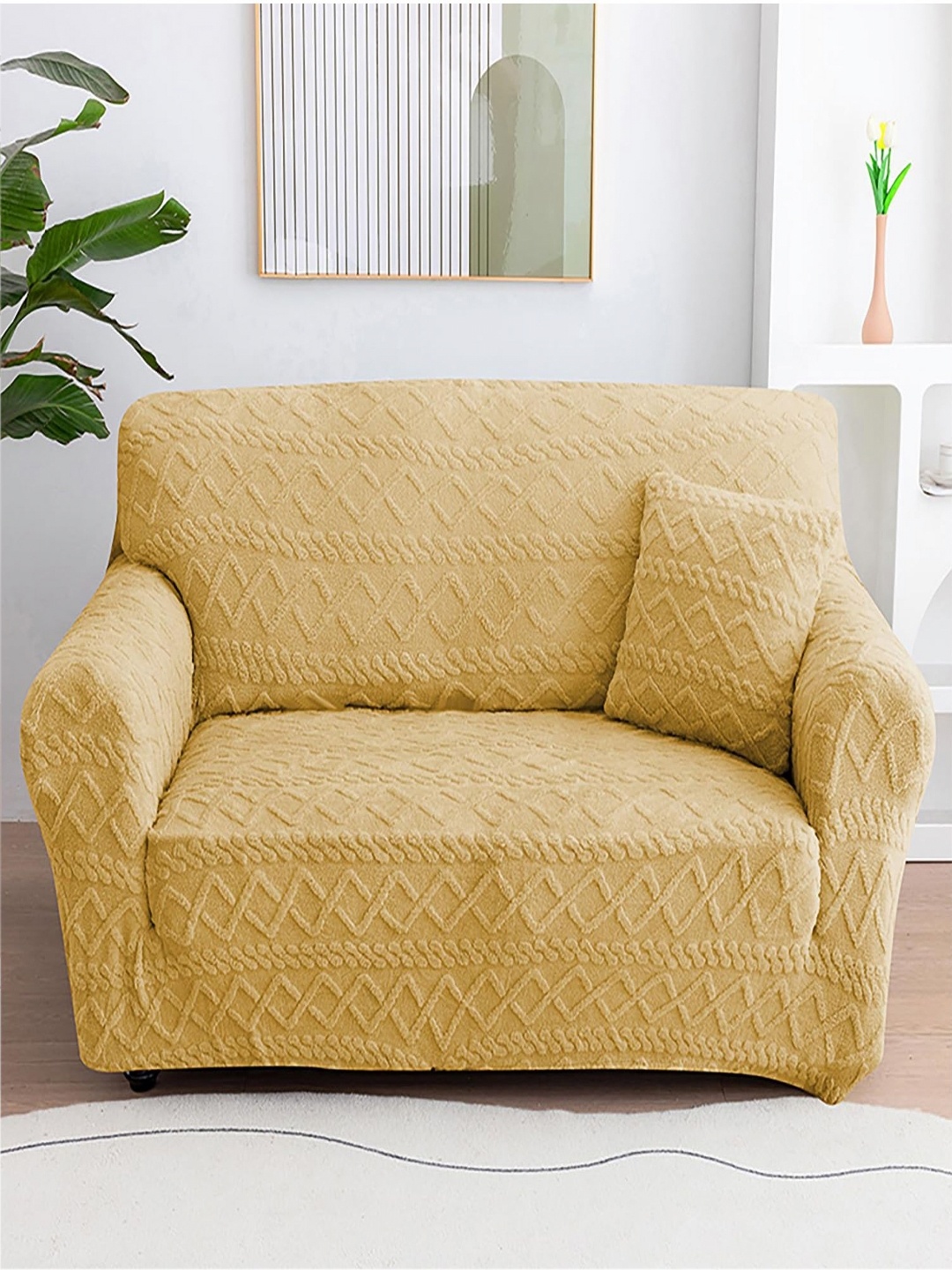 

HOUSE OF QUIRK Mustard Yellow Self Design Double Seater Jacquard Sofa Cover With Arms