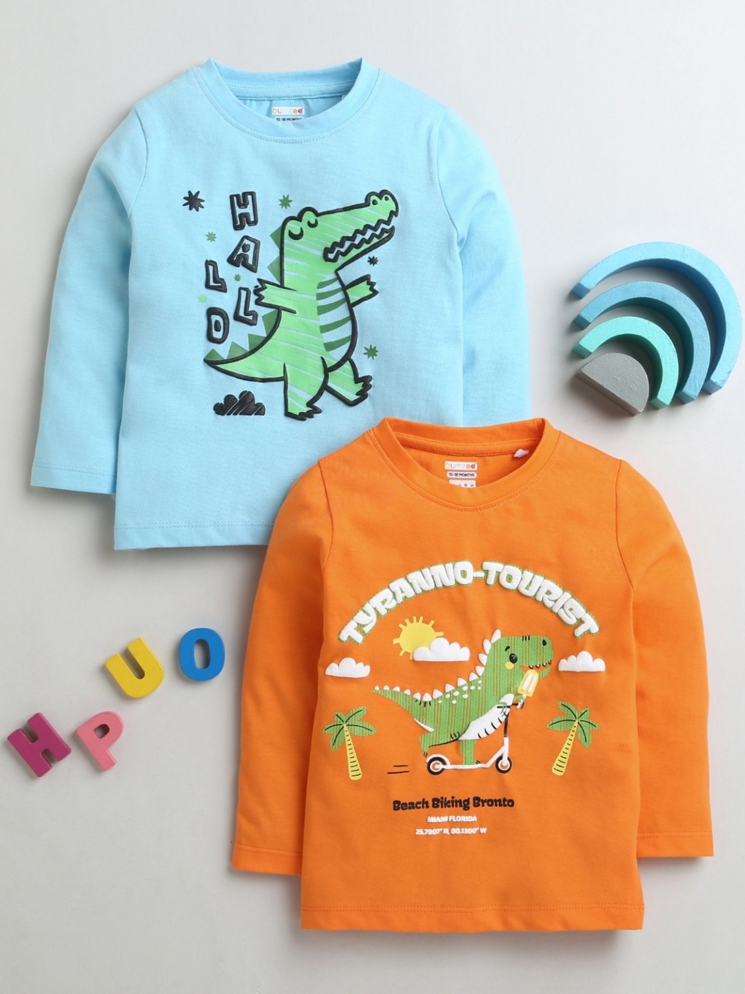 

BUMZEE Boys Pack Of 2 Graphic Printed Round Neck Cotton T-Shirts, Orange