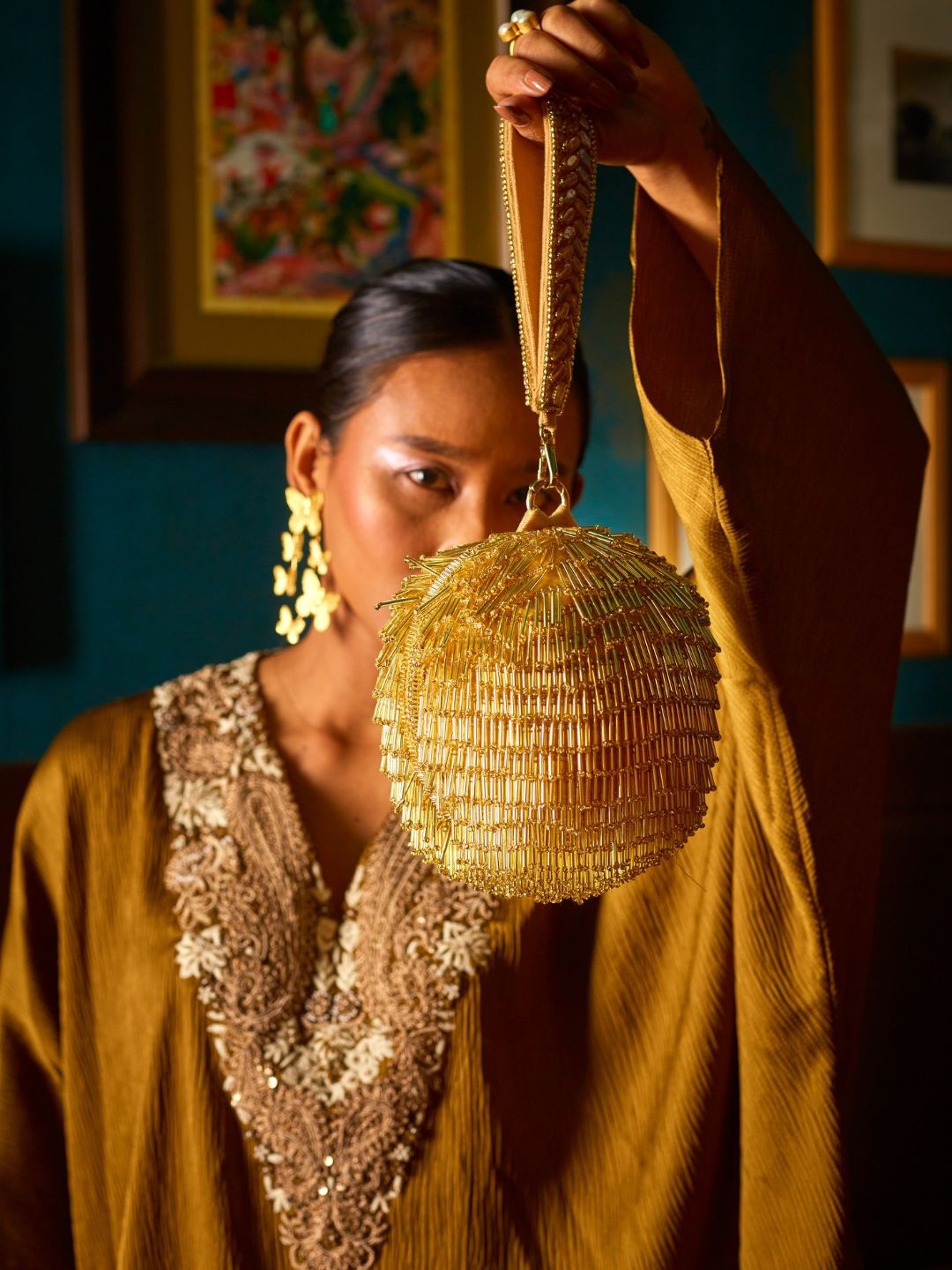 

Forever Noor Textured Suede Handheld Bag with Cut Work, Gold